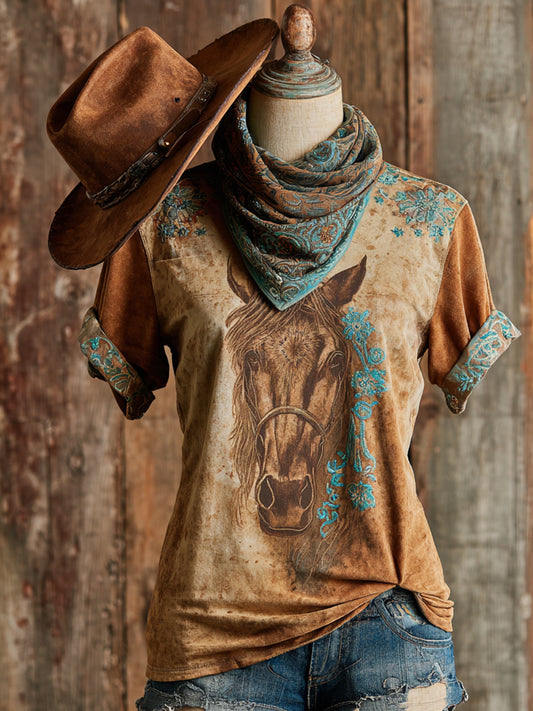 Retro Western Art Horse Floral Print Casual Short Sleeve T-Shirt