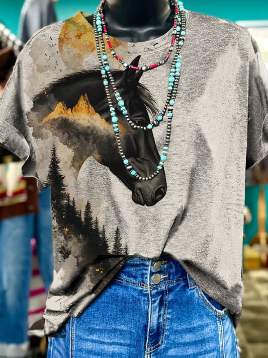 Women's Horse Tree Sunset Western Art Print Casual Round Neck Short Sleeve T-Shirt