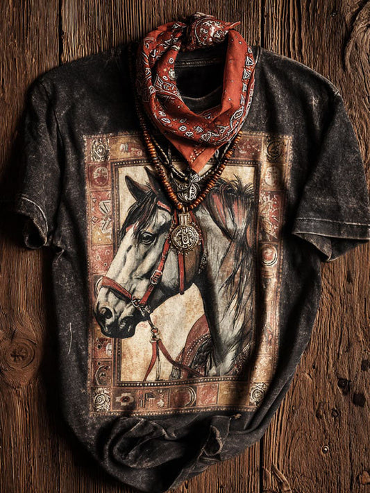 Vintage Horse Printed Round Neck Loose Casual T-shirt
