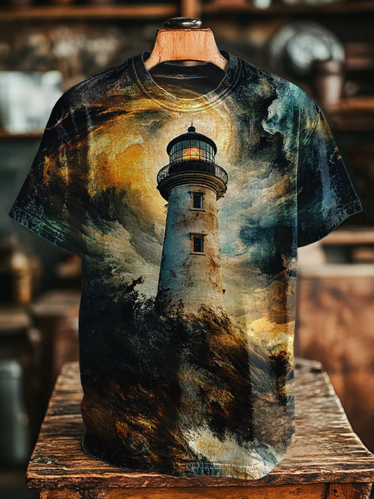 Unisex Retro Nautical Lighthouse Printed Casual Loose Short Sleeve T-shirt