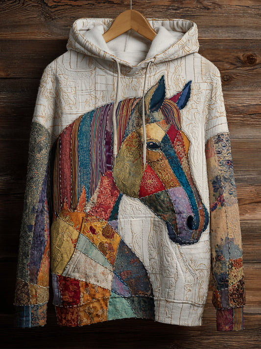 Vintage Patchwork Horse Print Art Casual Hoodie
