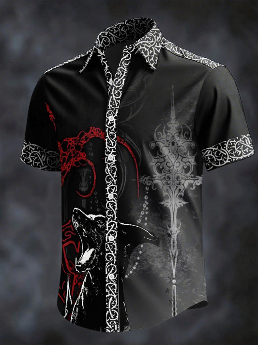 Men's Retro Horror Skull Print Lapel Short Sleeve Shirt