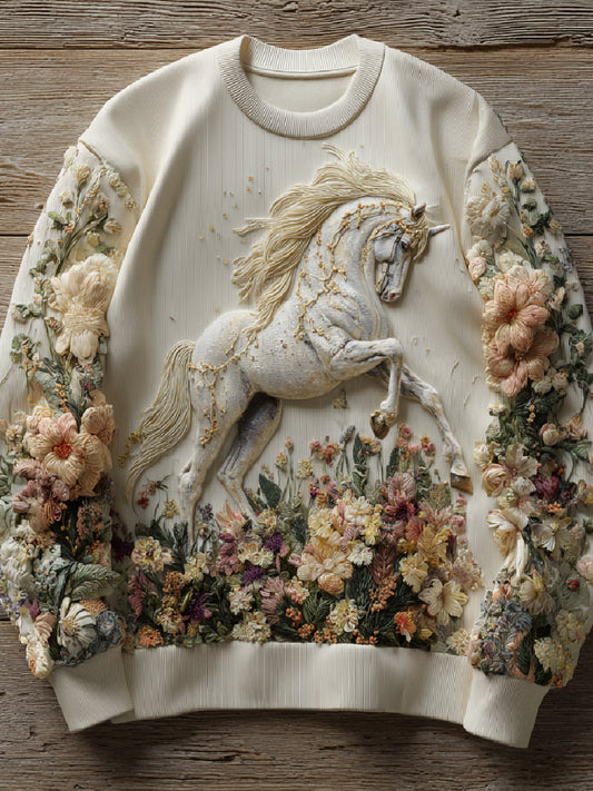 Vintage Horse Floral Art Print Casual Crewneck Sweatshirt
