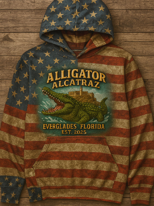 Vintage Alligator Alcatraz Fun Florida Everglades Art Print Casual Hoodie