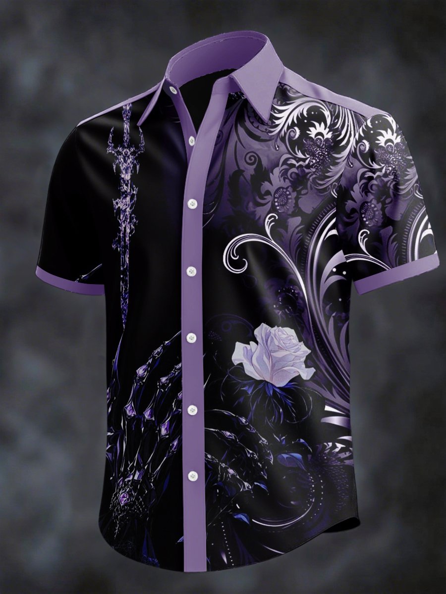 Men's Retro Horror Skull Print Lapel Short Sleeve Shirt