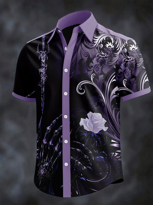Men's Retro Horror Skull Print Lapel Short Sleeve Shirt