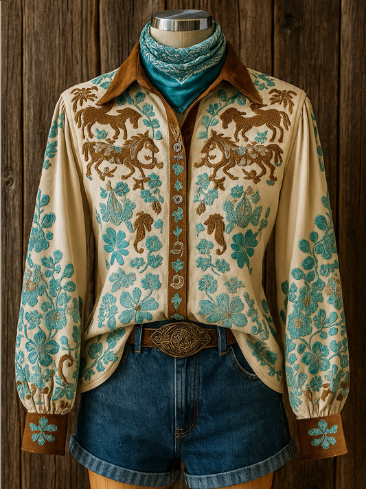 Vintage Western Art Illustration Print Casual Shirt