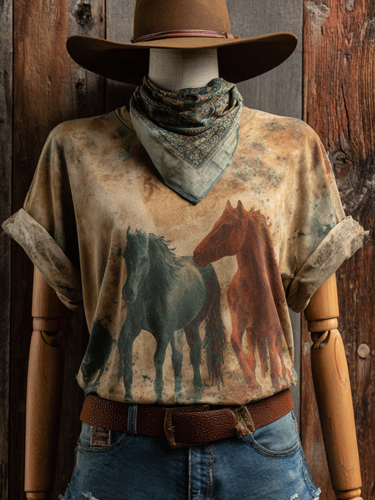 Retro Western Art Horse Print Casual Short Sleeve T-Shirt