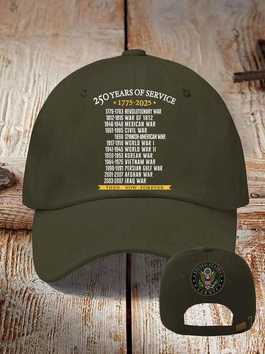 Retro Men's United States Army 250 Years Of Service 1775-2025 Then - Now - Forever Print Baseball Cap