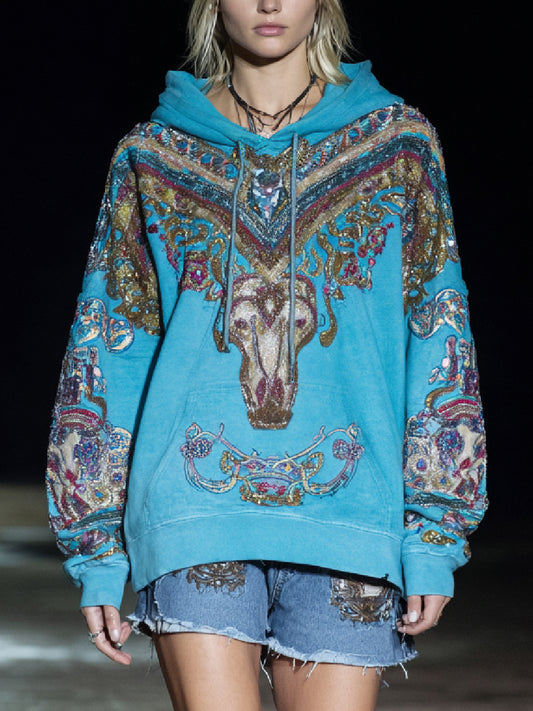 Vintage Western Art Print Casual Long Sleeve Hoodie