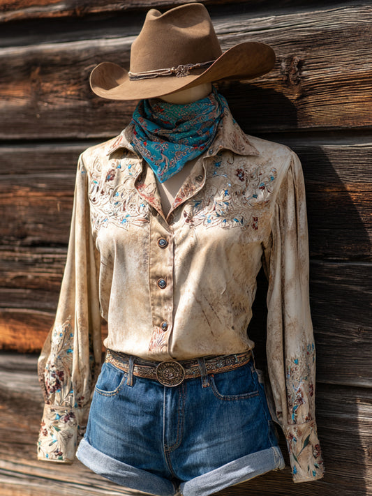 Vintage Western Art Floral Print Casual Shirt