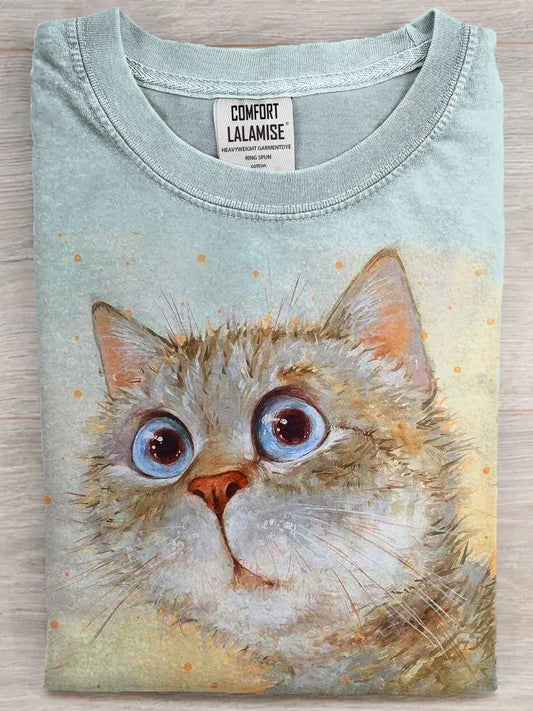 Cute Kitty Face Art Print Cotton Casaul Short Sleeve T-shirt
