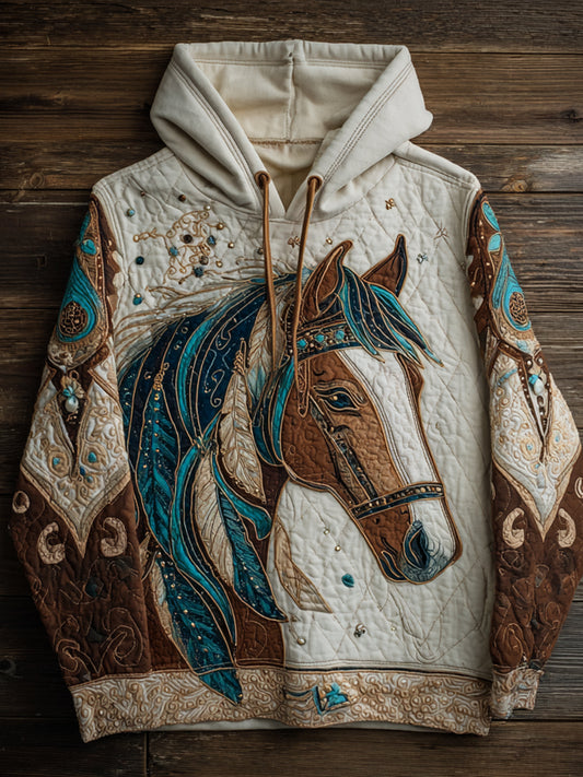Retro Ethnic Style Patchwork Horse Print Art Casual Hoodie