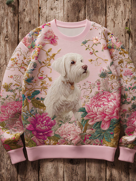 Pink October Dog Floral Art Graphic Print Casual Sweatshirt