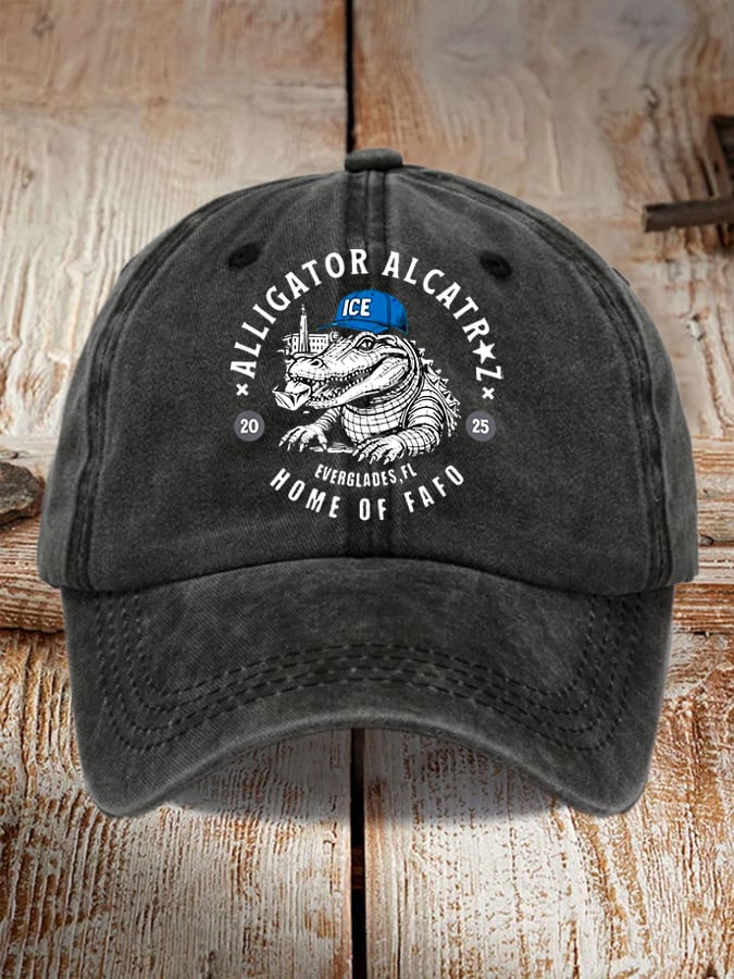 Unisex distressed washed Alligator Alcatraz print hat
