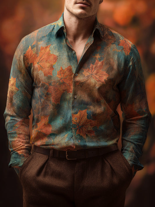 Autumn Maple Leaf Art Print Casual Long Sleeve Button-Down Shirt