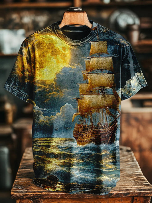 Retro Mysterious Sailboat Print Casual Loose Short Sleeve T-Shirt