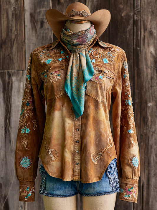 Vintage Western Art Illustration Print Casual Shirt
