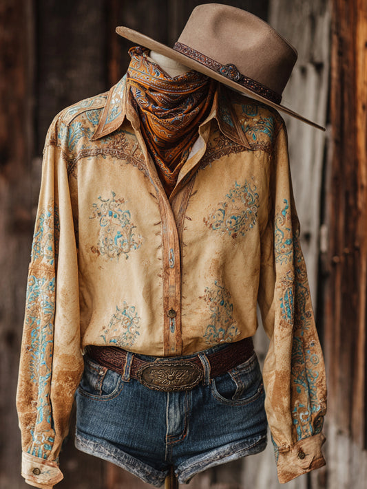Vintage Western Art Floral Print Casual Shirt
