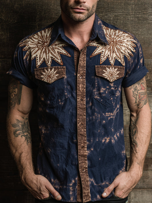 Retro Western Art Cowboy Print Casual Short Sleeve Shirt