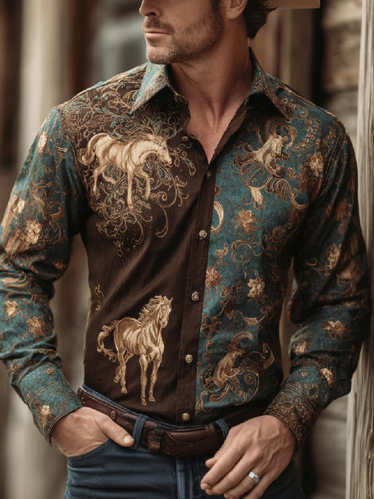 Western Vintage Horse Art Print Casual Long Sleeve Shirt