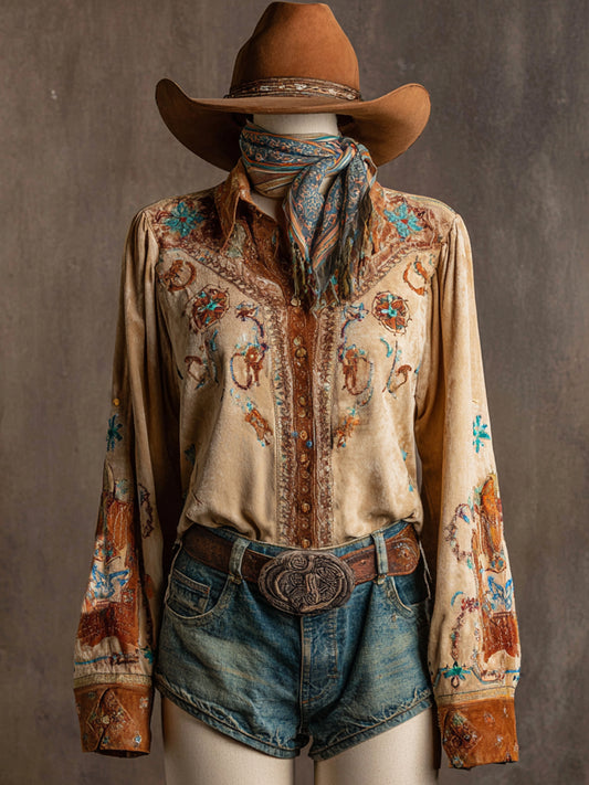 Vintage Western Art Illustration Print Casual Shirt