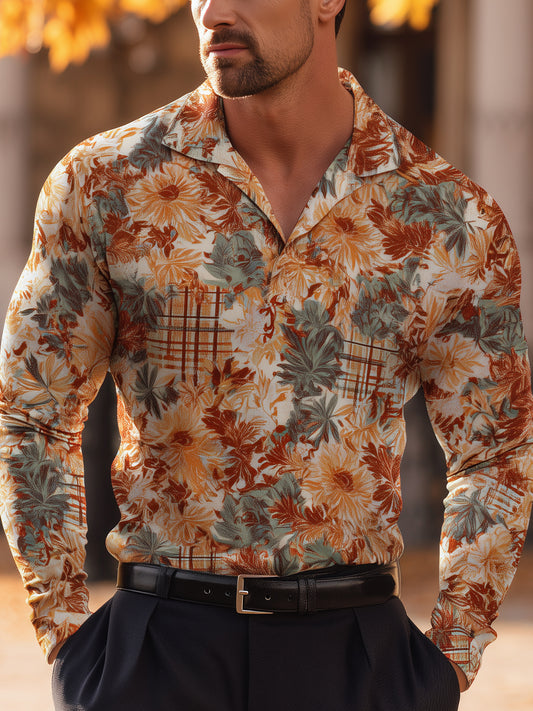 Autumn Floral Art Print Casual Long Sleeve Polo Shirt