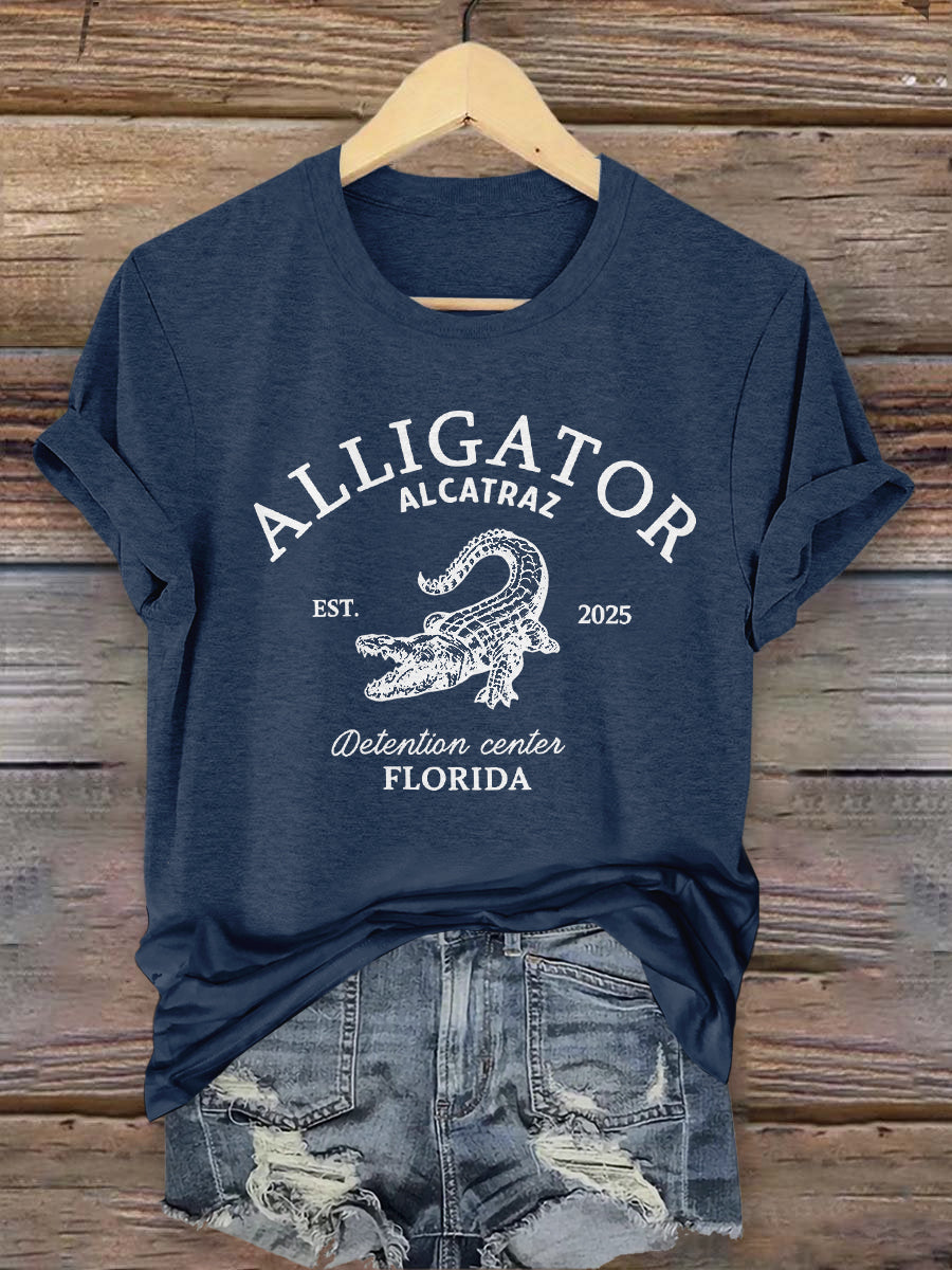 Vintage Alligator Alcatraz Fun Florida Everglades Art Print Casual T-Shirt