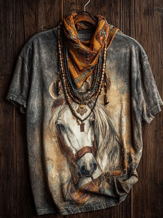 Retro Horse Print Casual T-shirt
