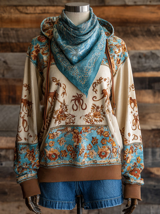 Retro Western Art Illustration Printed Casual Hoodie