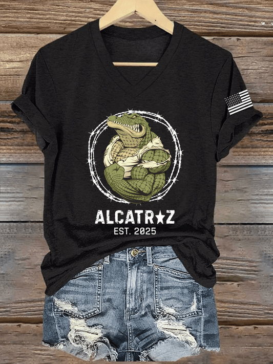 Women's Alligator Alcatraz Print V-Neck T-Shirt