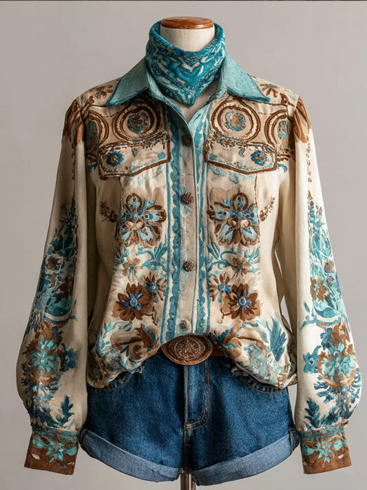 Vintage Western Art Illustration Print Casual Shirt