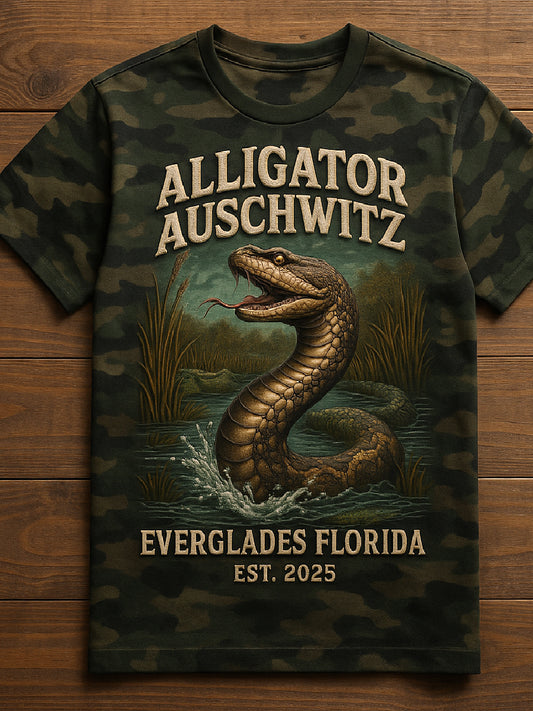 Vintage Alligator Auschwitz Fun Florida Everglades Art Print Casual T-Shirt