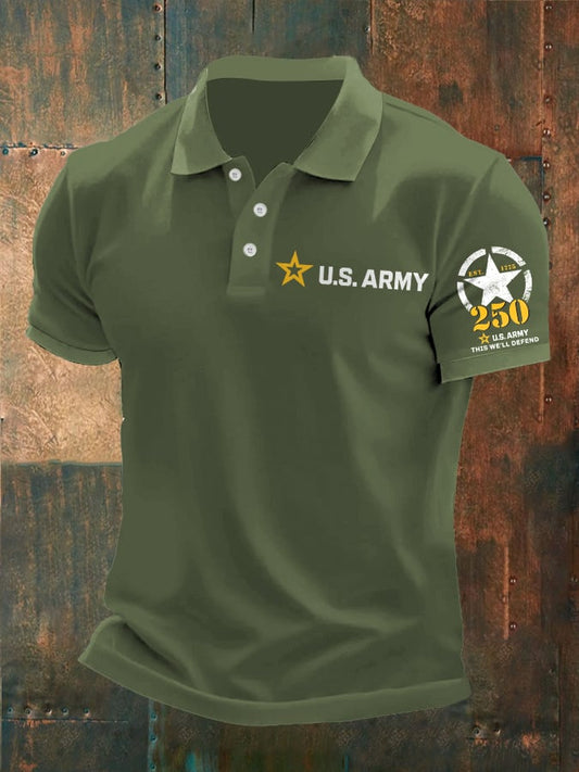 Man's Vintage U.S. Army 250th Anniversary This We'll Defend Est.1775 Printed Polo Shirt