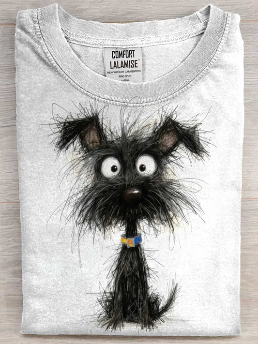 Cute Black Puppy Art Print Cotton Casaul Short Sleeve T-shirt