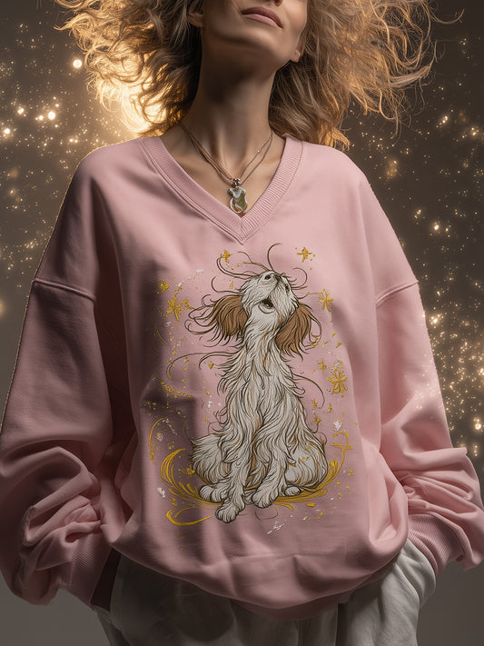 Funny Dog Art Print Casual V-Neck Sweatshirt