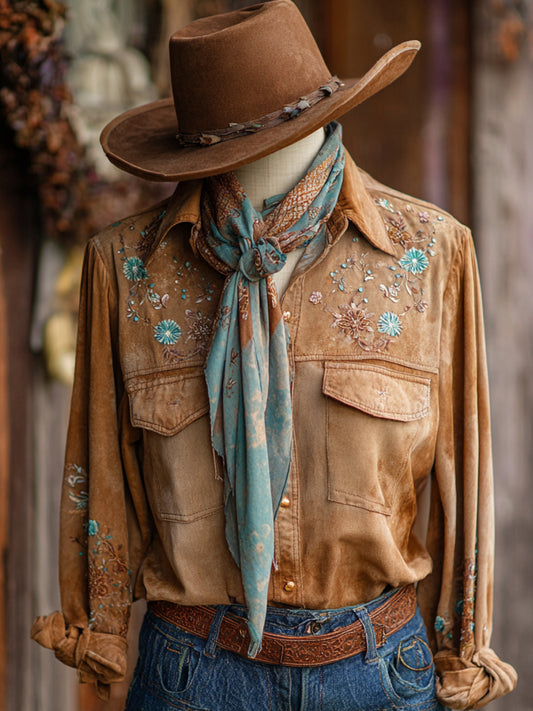 Vintage Western Art Floral Print Casual Shirt