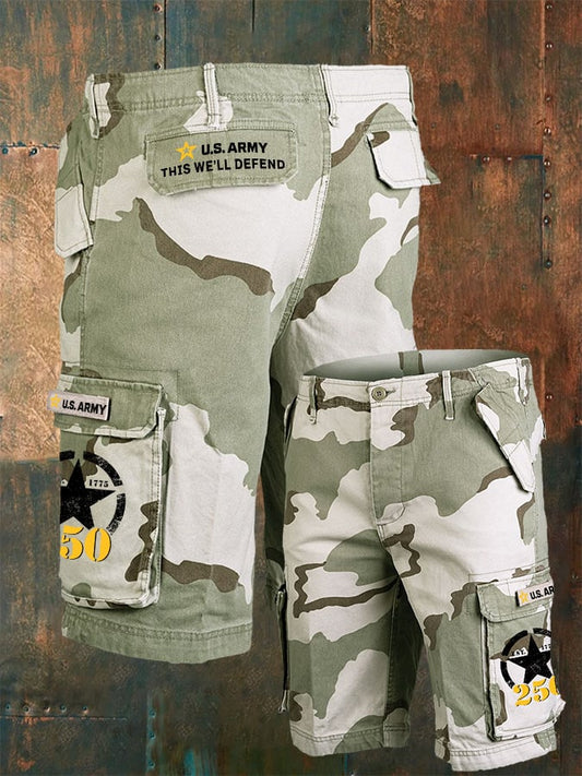 Vintage U.S. Army 250th Anniversary This We'll Defend Est.1775 Camouflage Print Cargo Shorts