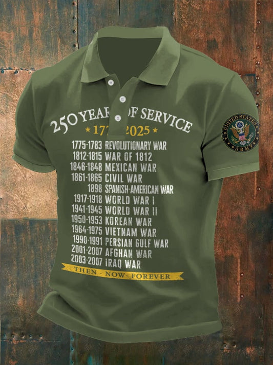 Vintage Men's United States Army 250 Years Of Service 1775-2025 Then - Now - Forever Printed Polo Shirt