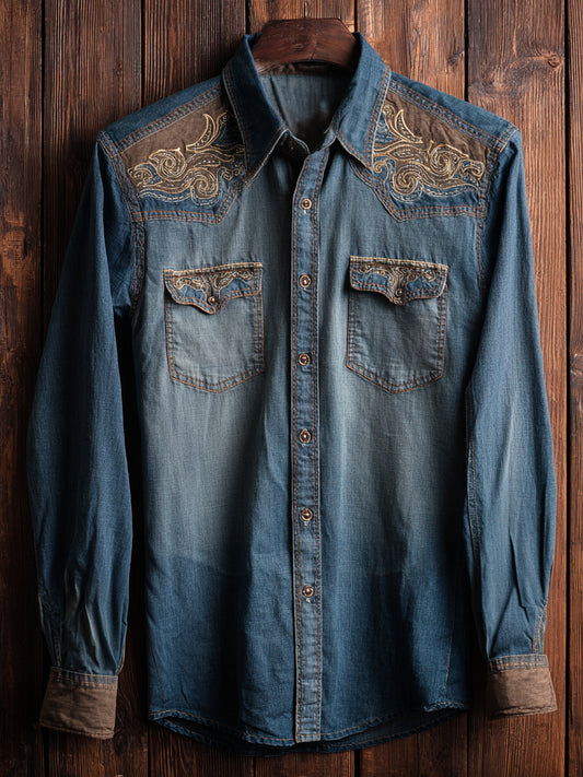 Retro Western Cowboy Art Print Casual Long Sleeve Shirt