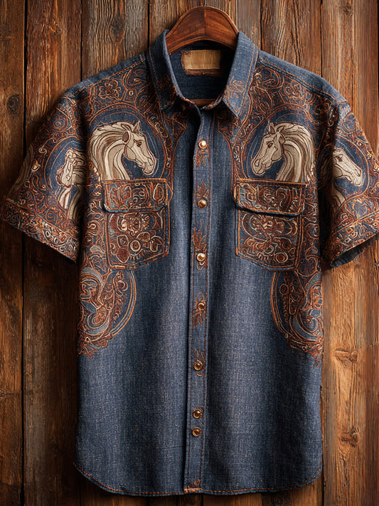 Vintage Western Art Floral Print Casual Shirt