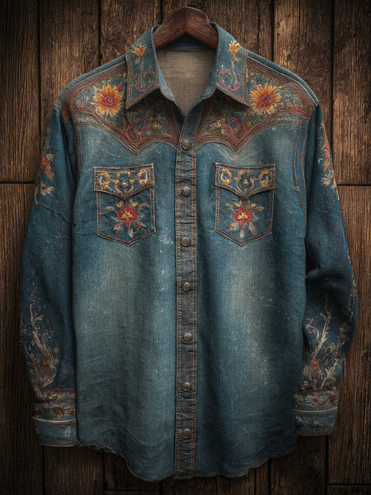 Retro Western Cowboy Art Print Casual Long Sleeve Shirt