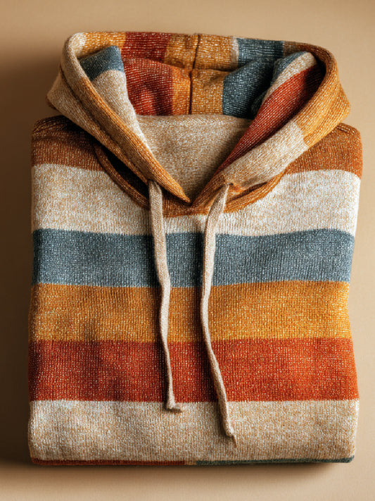 Fall Stripe Art Print Casual Hooded Knit Sweater