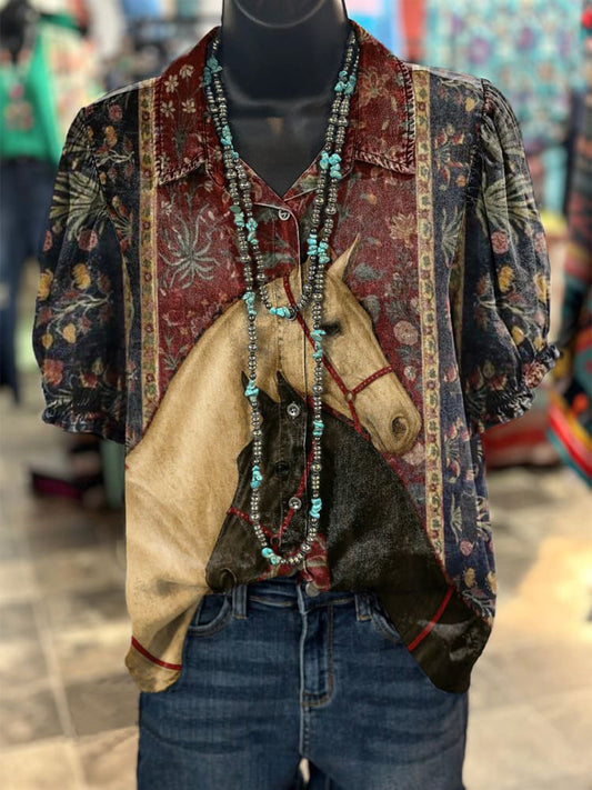 Women's Retro Totem Horse Head Print Casual Cotton Linen Shirt