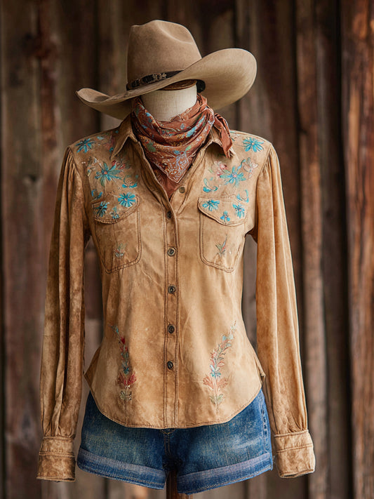 Vintage Western Art Floral Print Casual Shirt