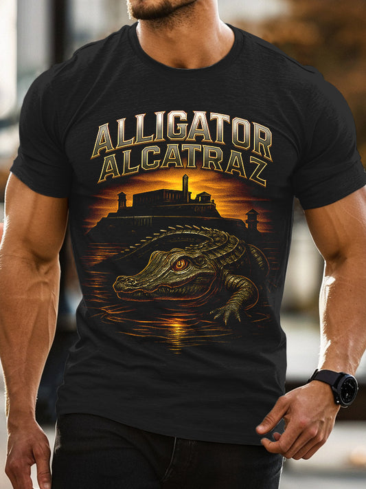 Retro Alligator Alcatraz Funny Florida Everglades Art Casual T-Shirt