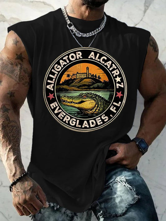 Men's Vintage lligator Alcatraz Funny Florida Everglades Dark Humor Print Tank Top