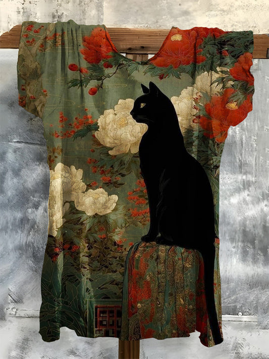 Cat Art Print Casual Crew Neck T-Shirt
