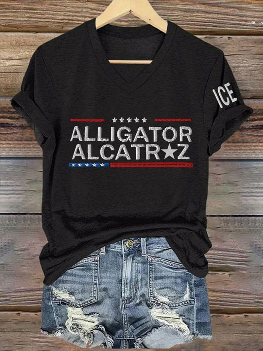 Women's Casual Retro Alligator Alcatraz ICE Print T-Shirt