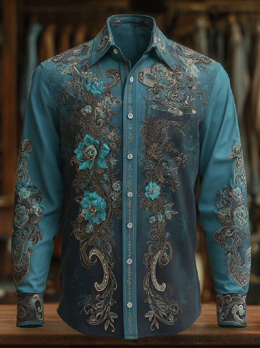 Western Retro Art Print Casual Long Sleeve Shirt